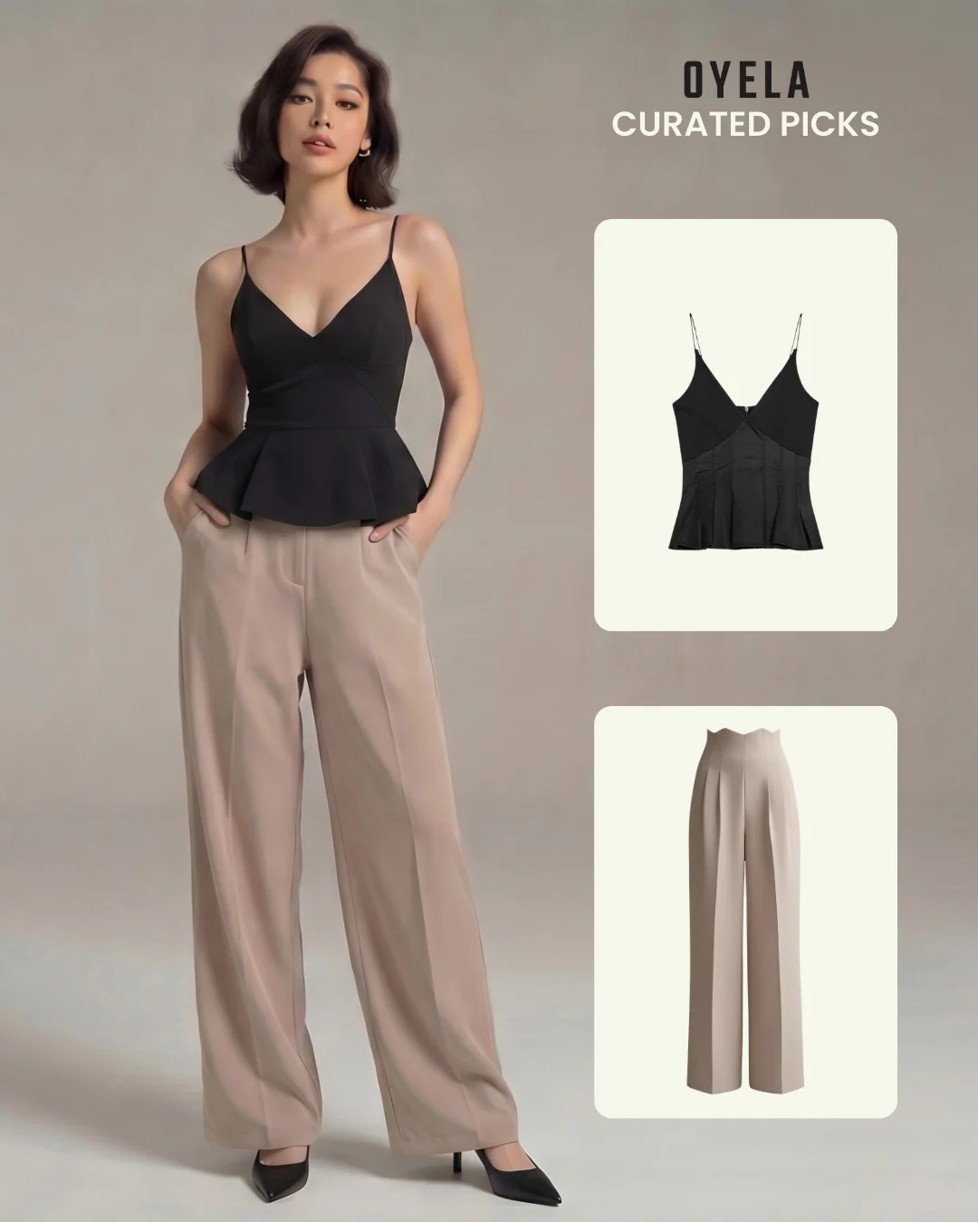 Black Spaghetti Cotton Top and Corset Waist Pleated Pants