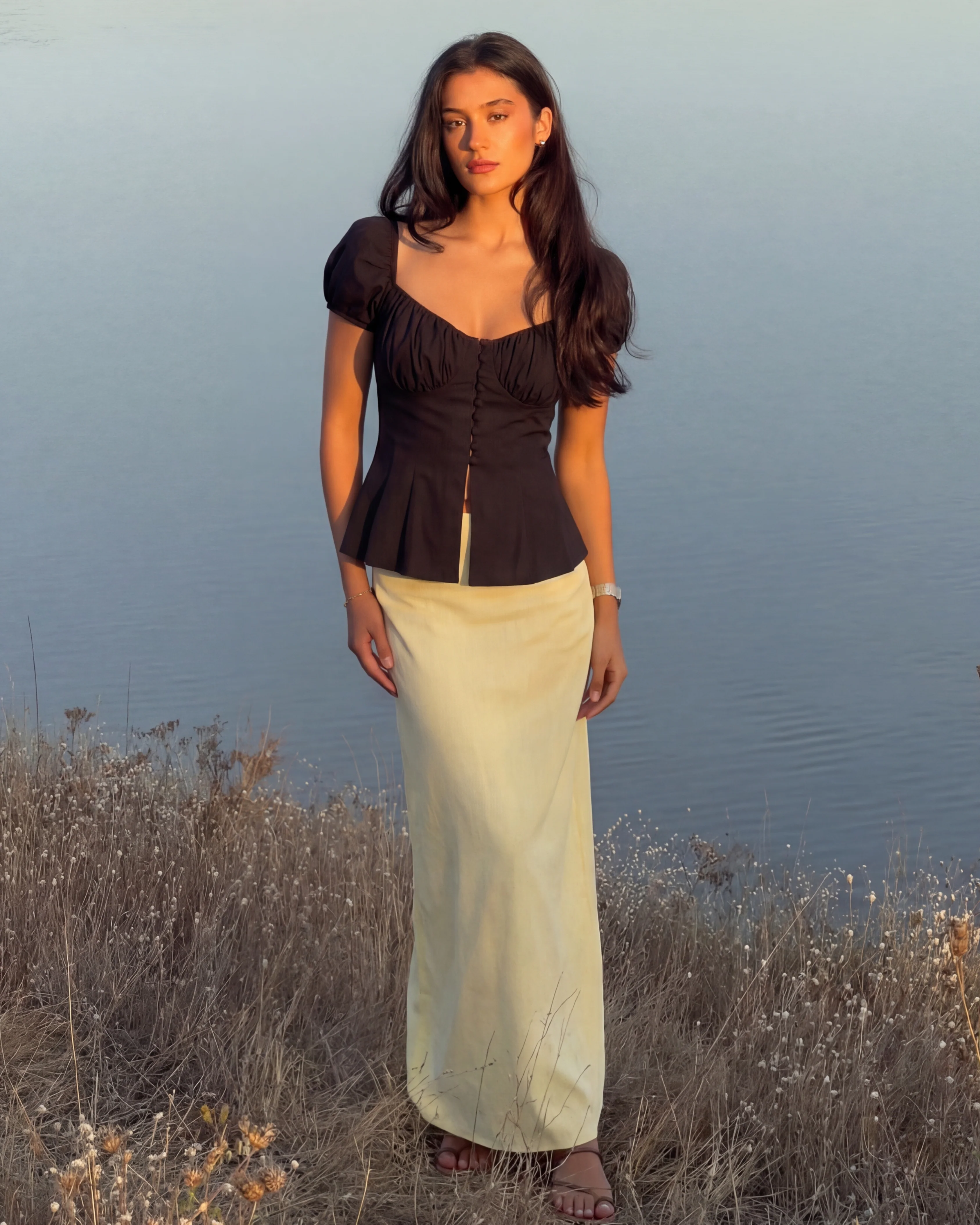 Black Button Up  Ruched Peplum Top - Image 3