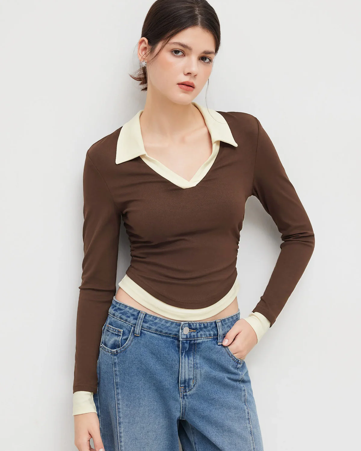 Tipped Collar Ribbed Fitted Top